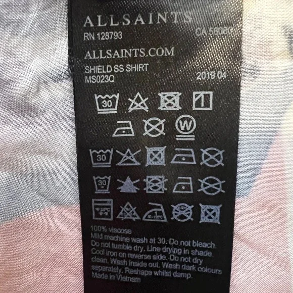 AllSaints Shield Crane Print Viscose Camp Shirt M Pink Japanese Art Aesthetic - Picture 5 of 8